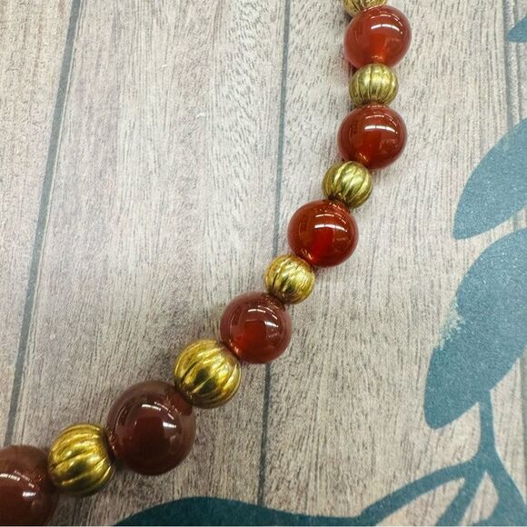 Orange Glass And Gold Bead Vintage Necklace 18 In B2 - Picture 3 of 3